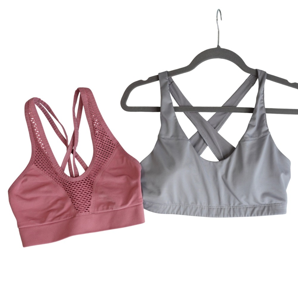 Victoria Sport Womens M Gray Mauve Pink Sports Bra Set‎ Strappy Mesh Activewear